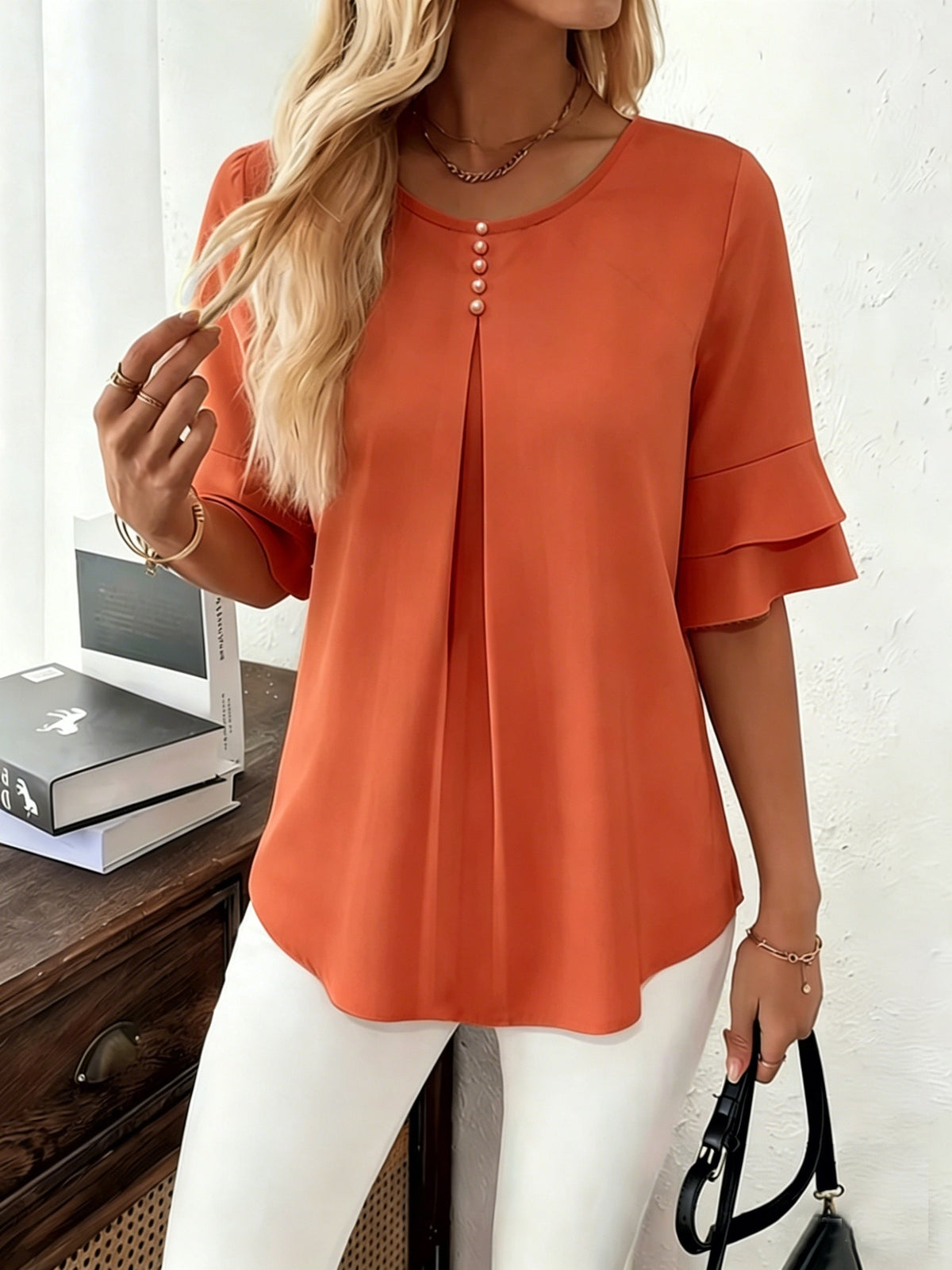 Softly Draped Ruffle-Sleeve Blouse