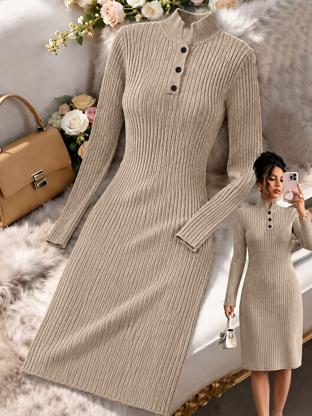 Ribbed V-Neck Knit Midi Dress