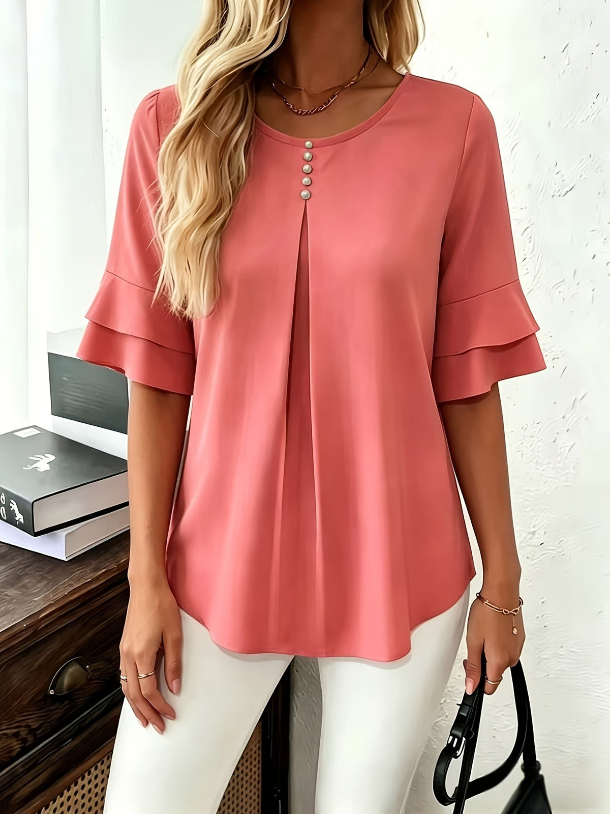 Softly Draped Ruffle-Sleeve Blouse
