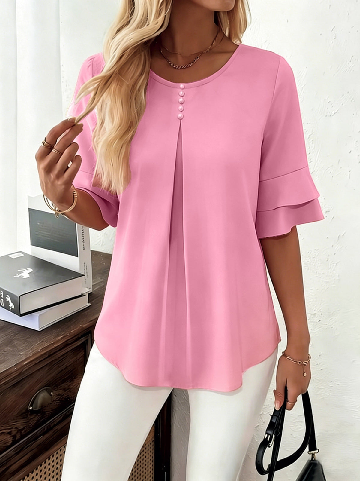 Softly Draped Ruffle-Sleeve Blouse