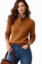 Women's Cable-Knit Jumper with Stand Collar and Button Detail