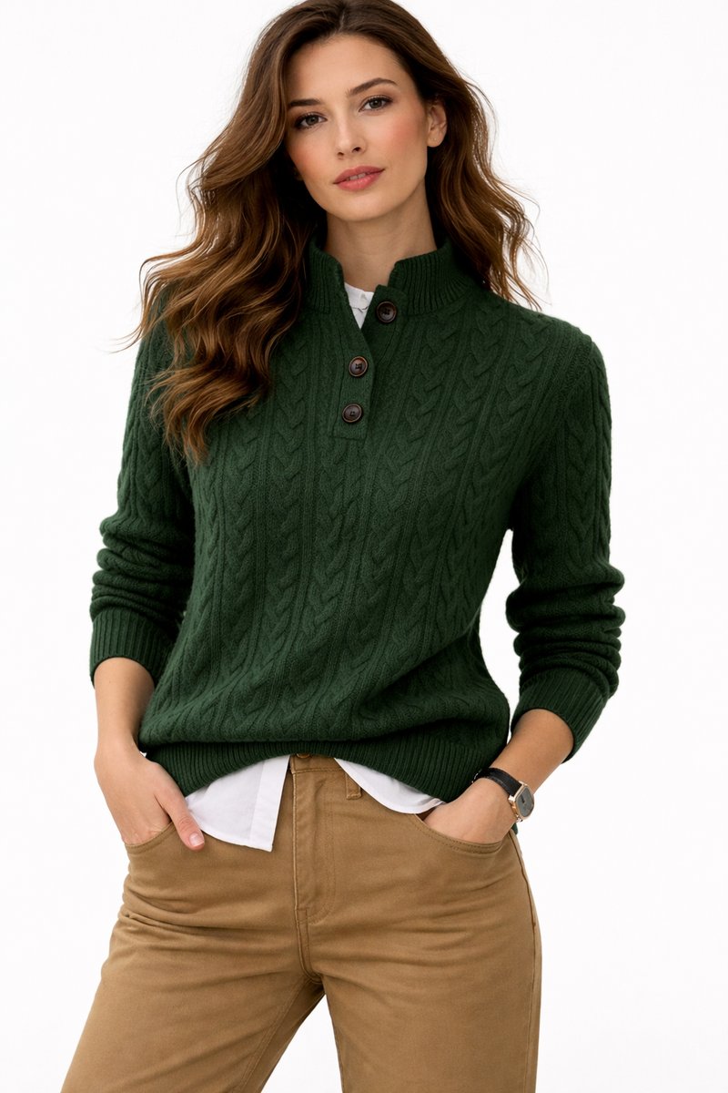 Women's Cable-Knit Jumper with Stand Collar and Button Detail