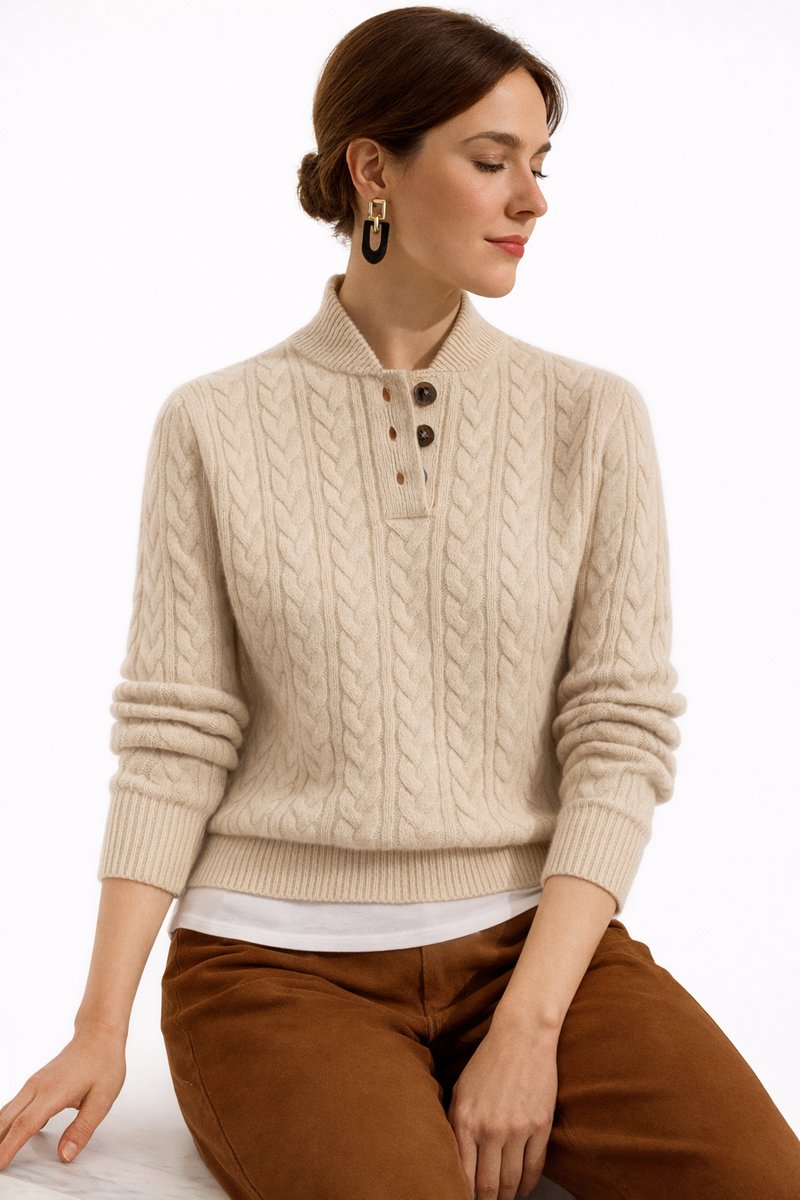 Women's Cable-Knit Jumper with Stand Collar and Button Detail
