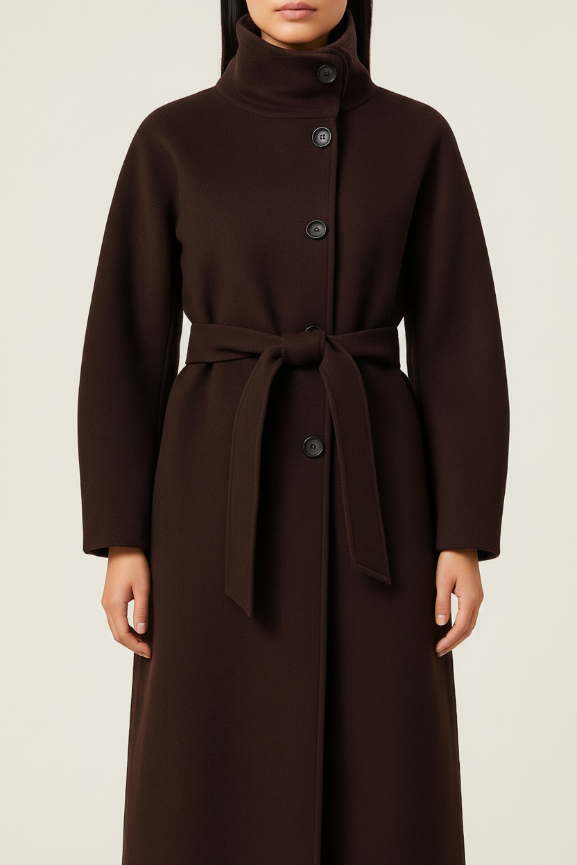 Belted High Collar Long Coat