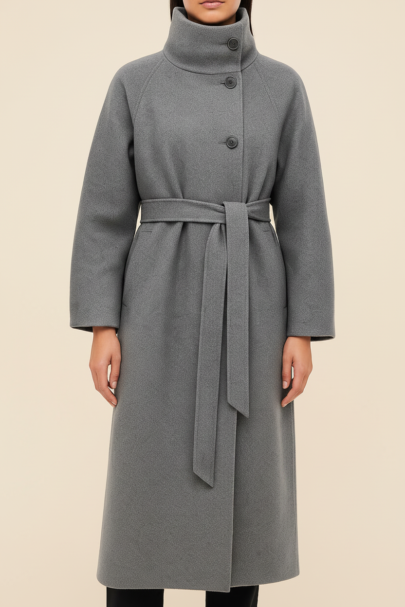 Belted High Collar Long Coat