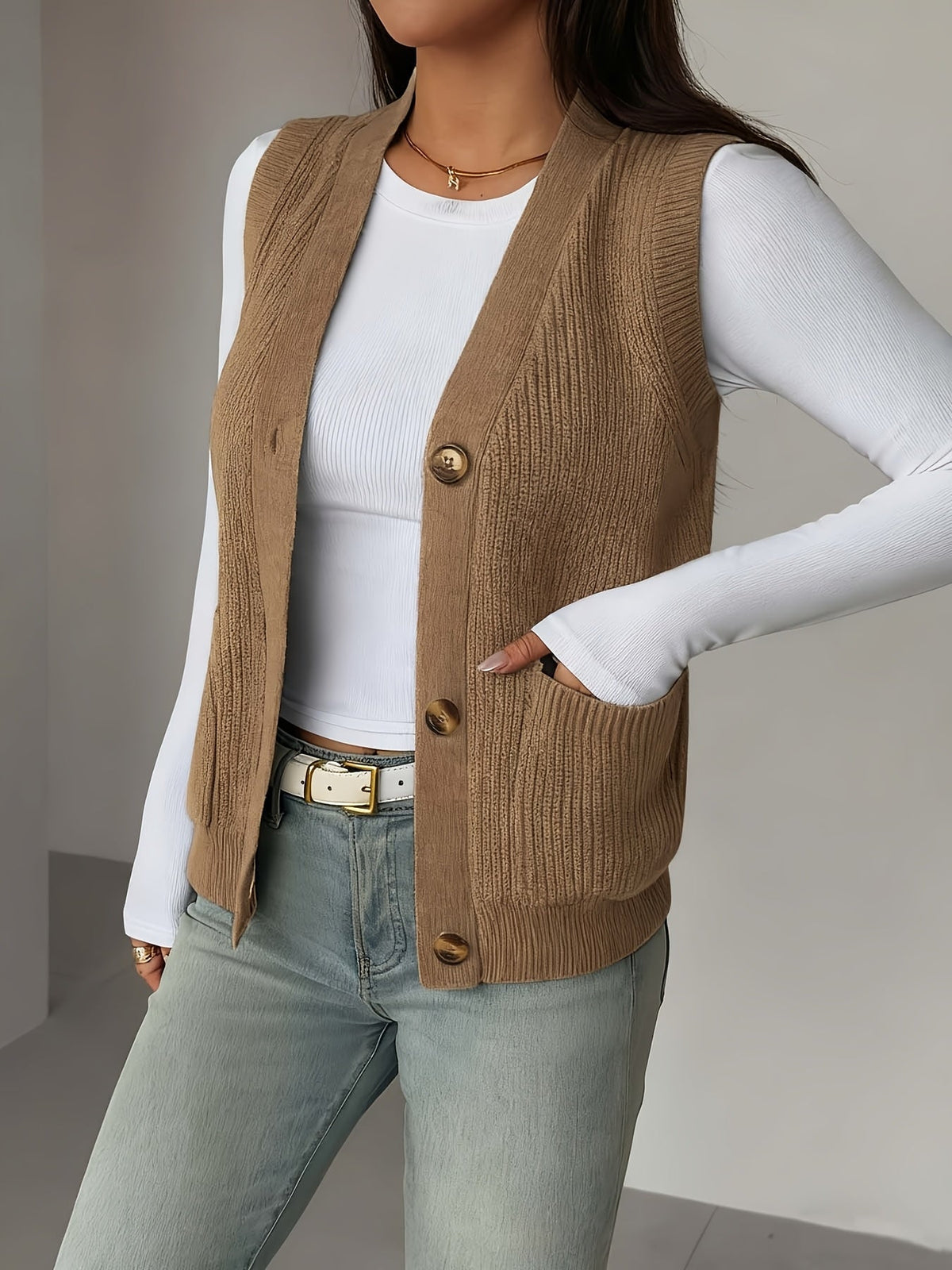 V-Neck Knit Sleeveless Button-Front Vest
