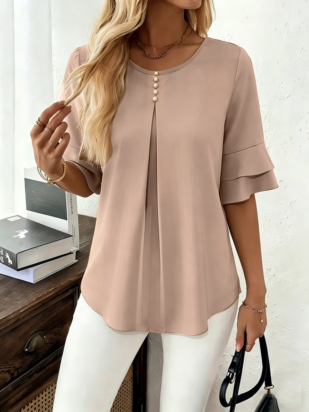 Softly Draped Ruffle-Sleeve Blouse