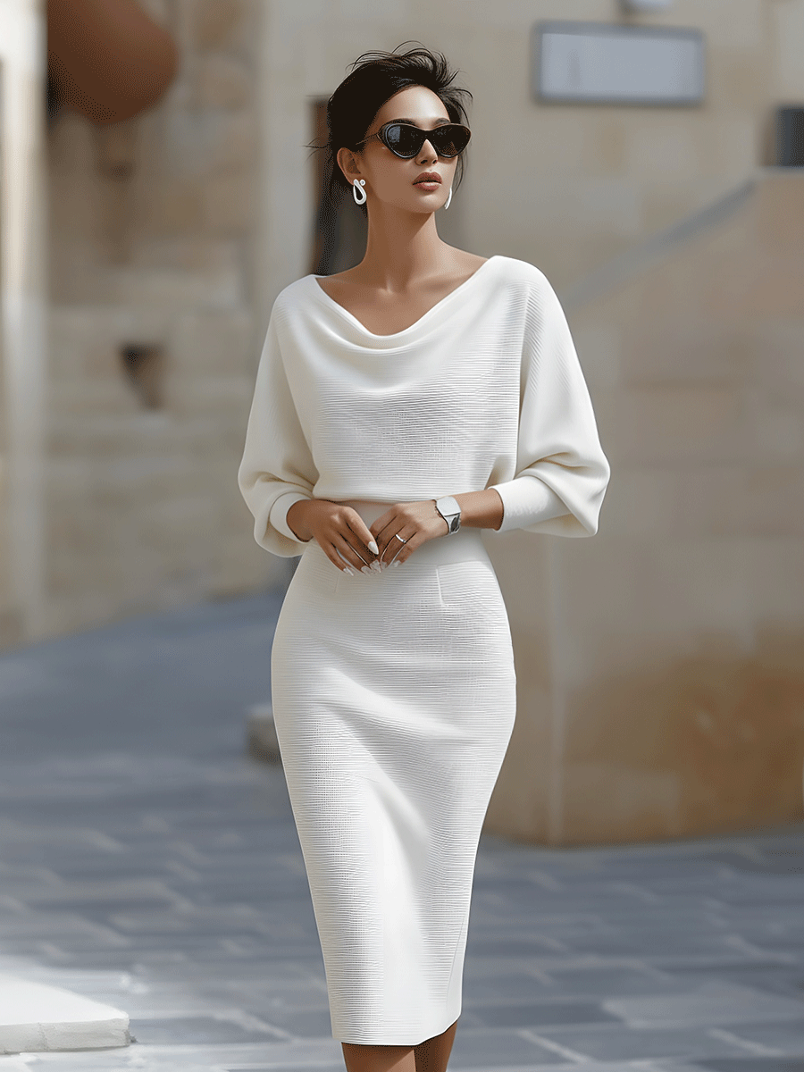 Elegant Draped Batwing Midi Dress