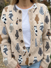 Cat Print Button Knit Cardigan