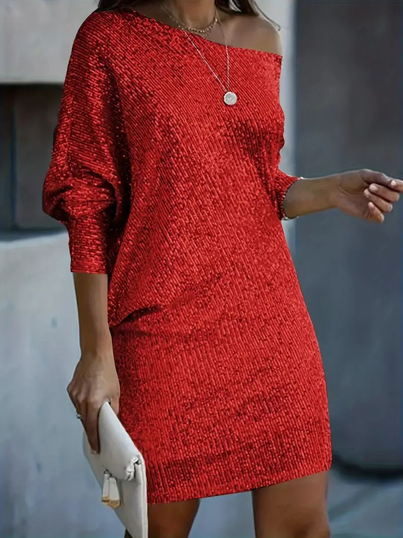 Women's Sequin Off-Shoulder Mini Dress with Three-Quarter Sleeves