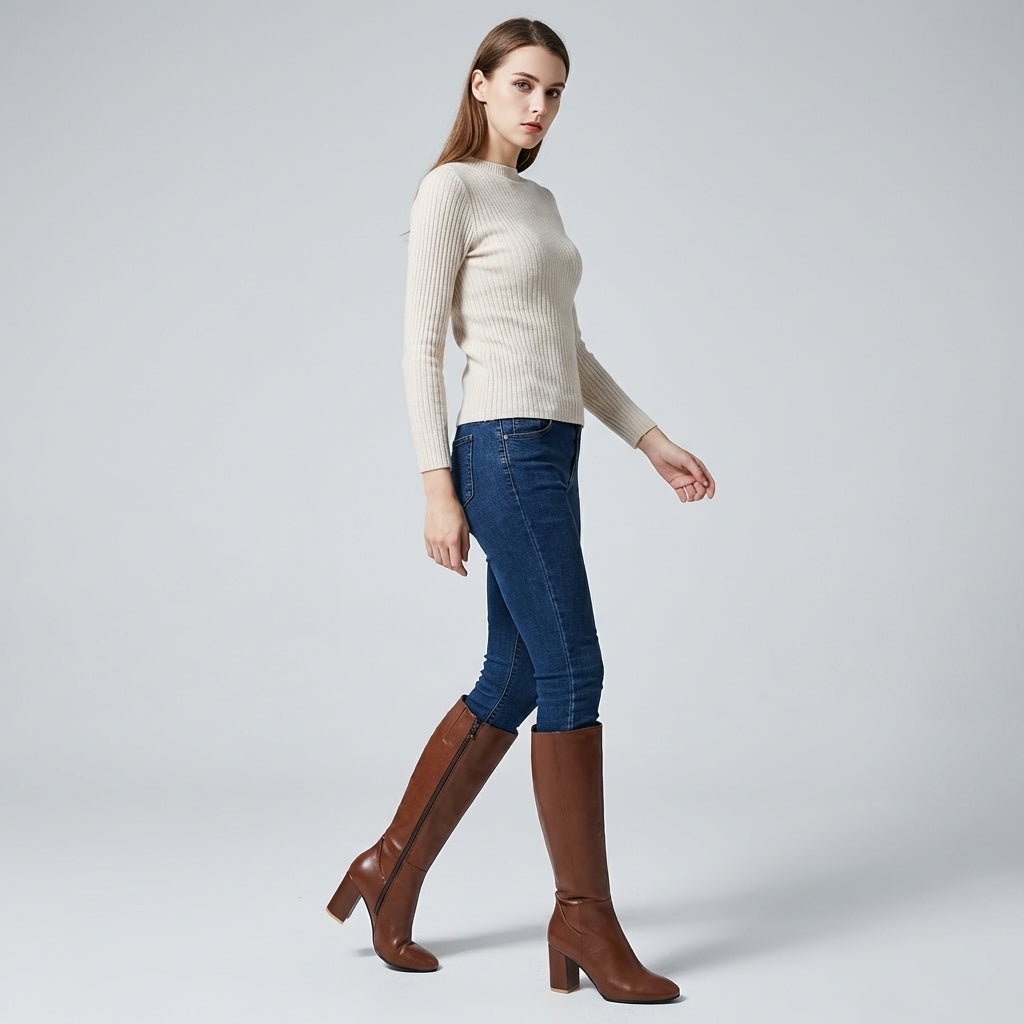 Women's Block Heel Knee-High Boots with Side Zip