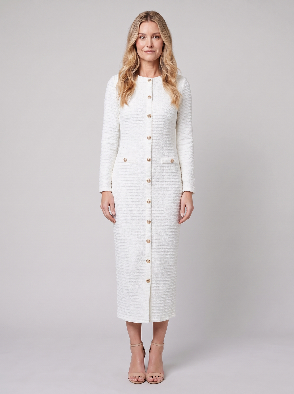 Gold Button Tweed Midi Dress