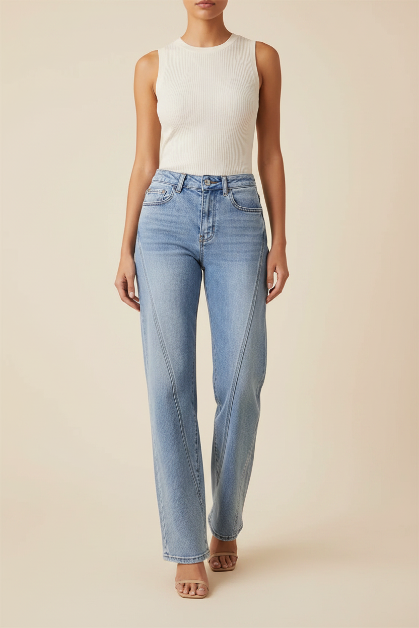 High Waist Front Seam Straight Jeans