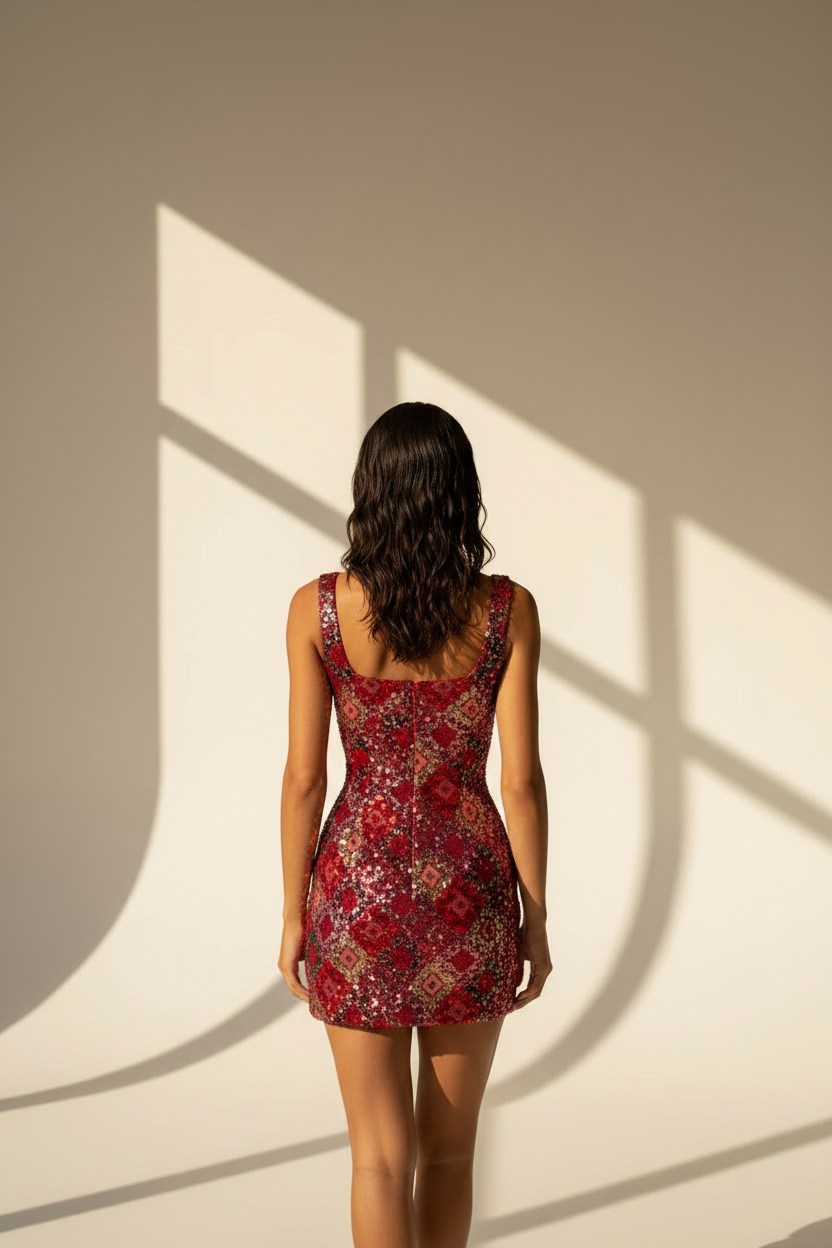 Square Neck Sequin Mini Dress