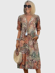 Women's V-Neck Half-Sleeve Mixed Print Midi Dress with Pockets