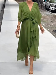 Women's V-Neck Midi Wrap Dress with Tie Waist and Flowing Sleeves