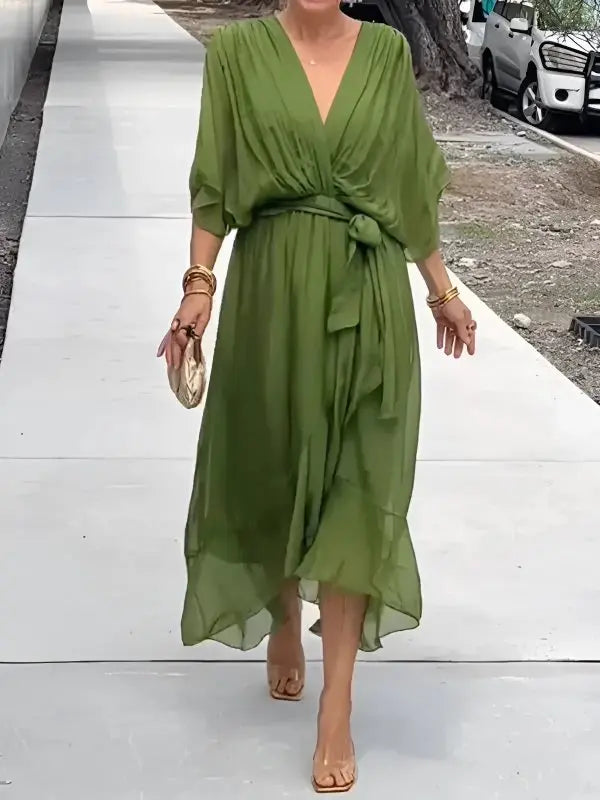 Women's V-Neck Midi Wrap Dress with Tie Waist and Flowing Sleeves