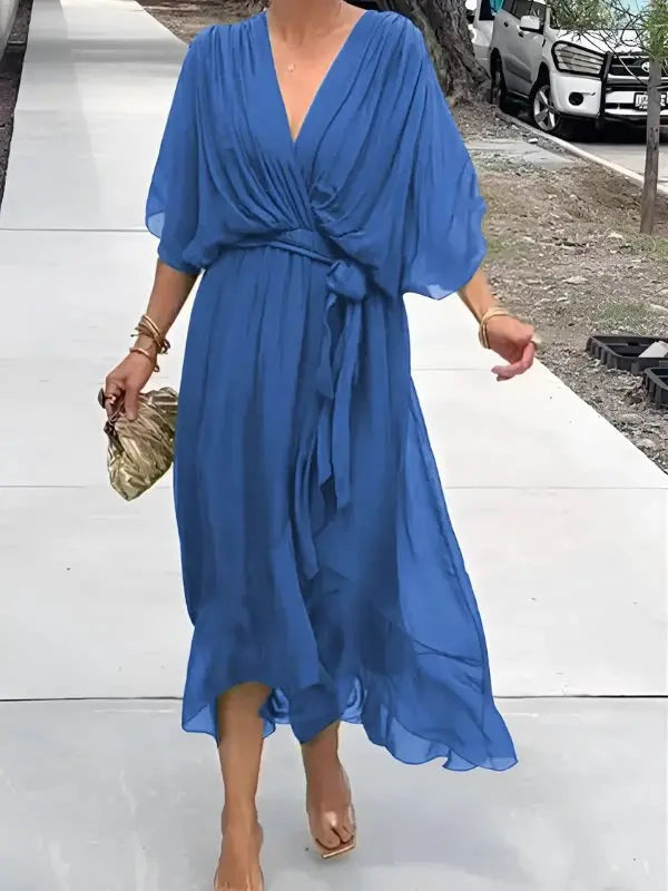 Women's V-Neck Midi Wrap Dress with Tie Waist and Flowing Sleeves