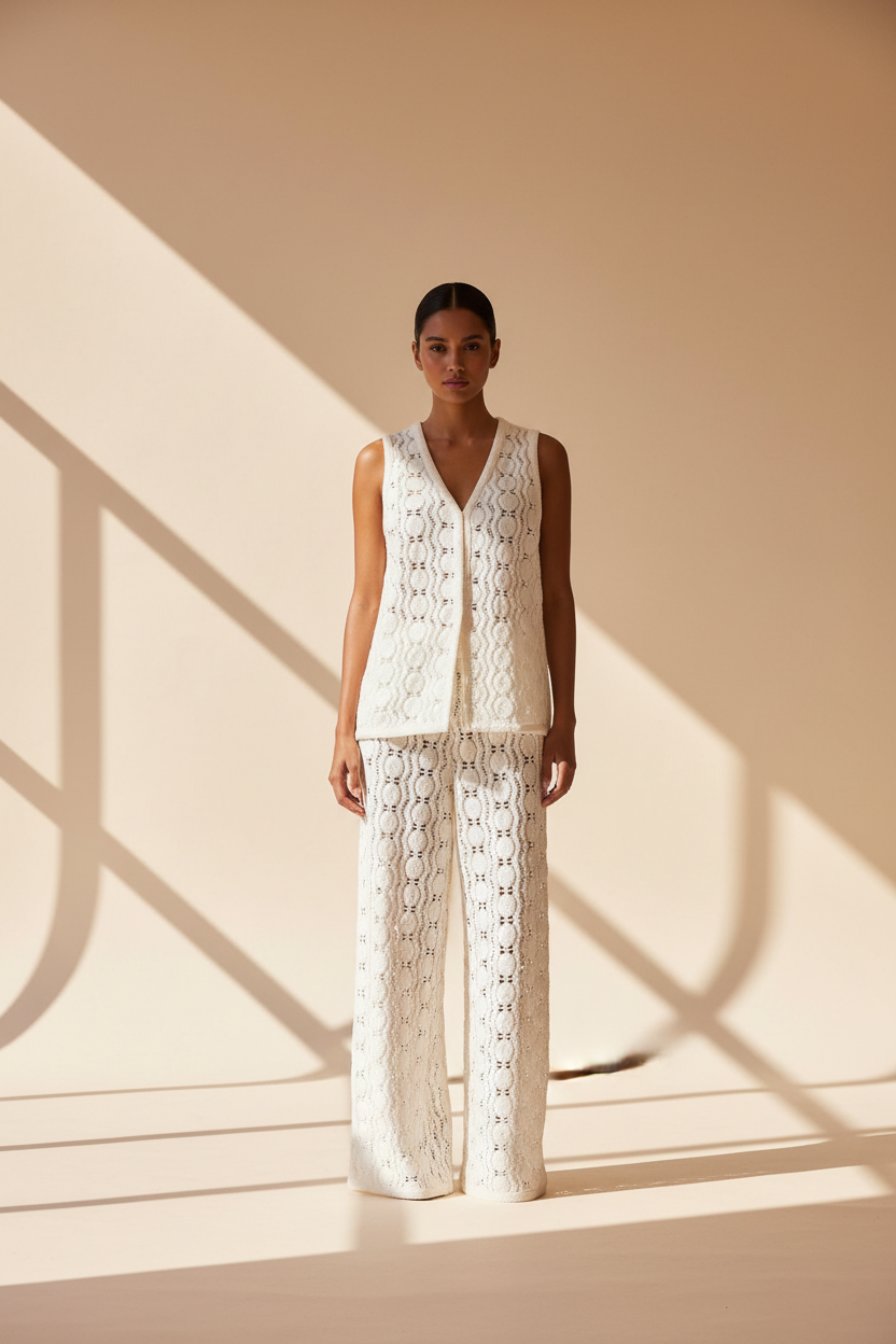 White Crochet Sequin Trousers