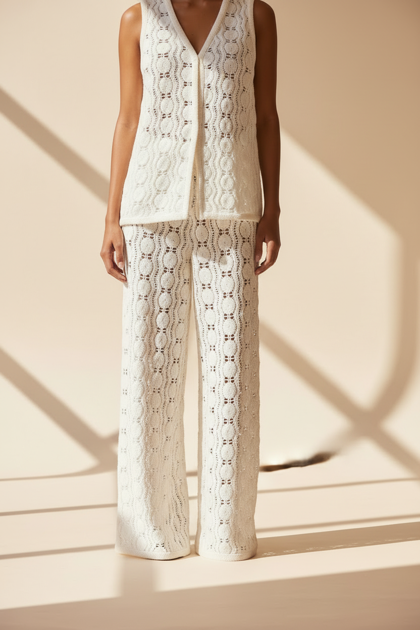 White Crochet Sequin Trousers
