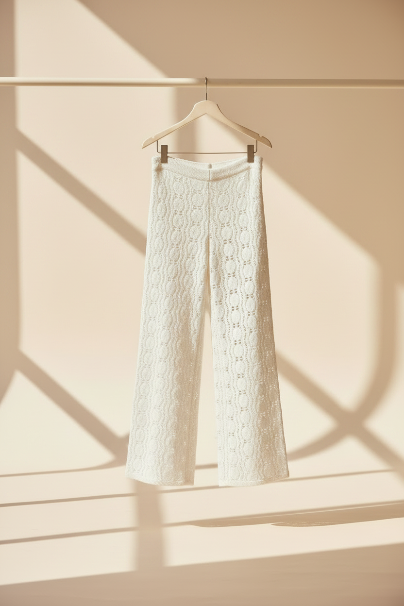 White Crochet Sequin Trousers