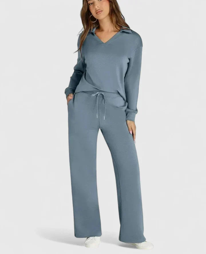 Polo V-Neck Wide Leg Trouser Set