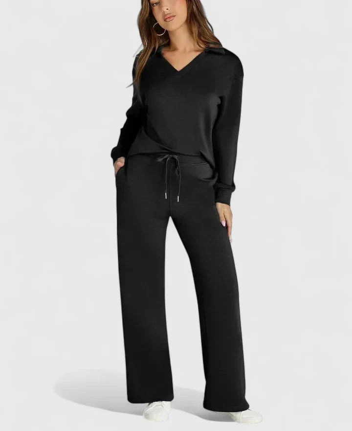 Polo V-Neck Wide Leg Trouser Set