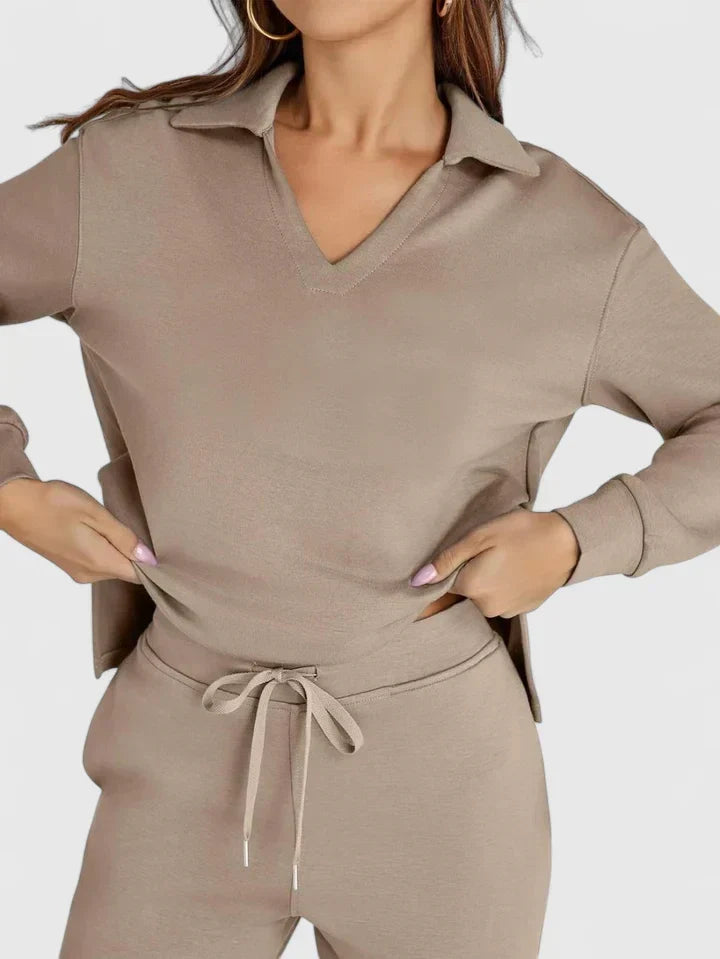 Polo V-Neck Wide Leg Trouser Set