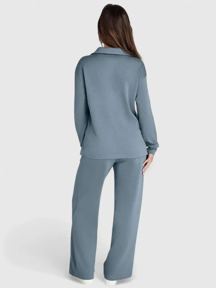 Polo V-Neck Wide Leg Trouser Set