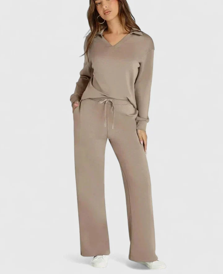 Polo V-Neck Wide Leg Trouser Set