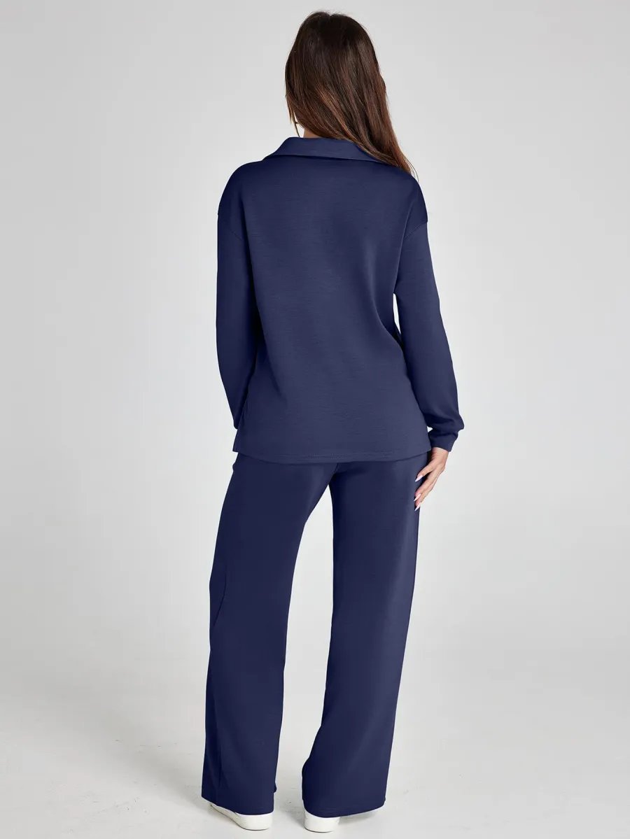Polo V-Neck Wide Leg Trouser Set