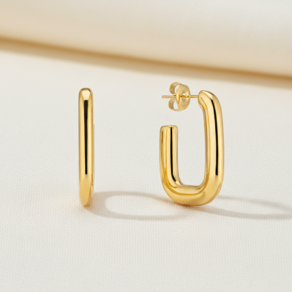 Rounded Rectangle Hoop Earrings | Gold-Plated | Ivory Nova