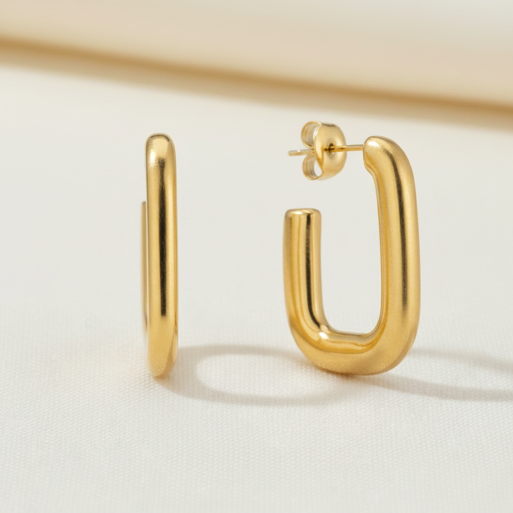 Rounded Rectangle Hoop Earrings | Gold-Plated | Ivory Nova
