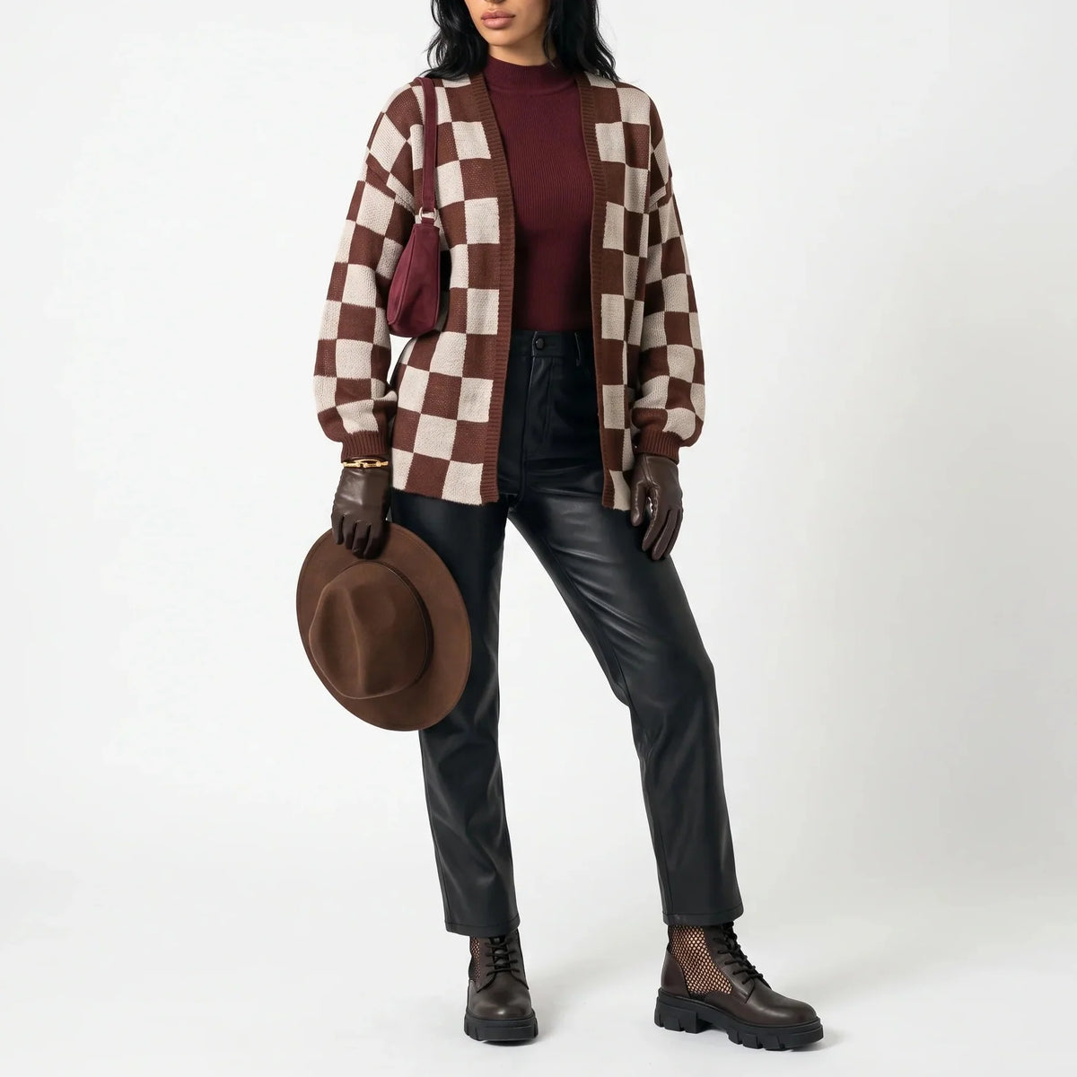 Women’s Checkerboard Knit Cardigan | Relaxed Fit Casual Sweater Jacket