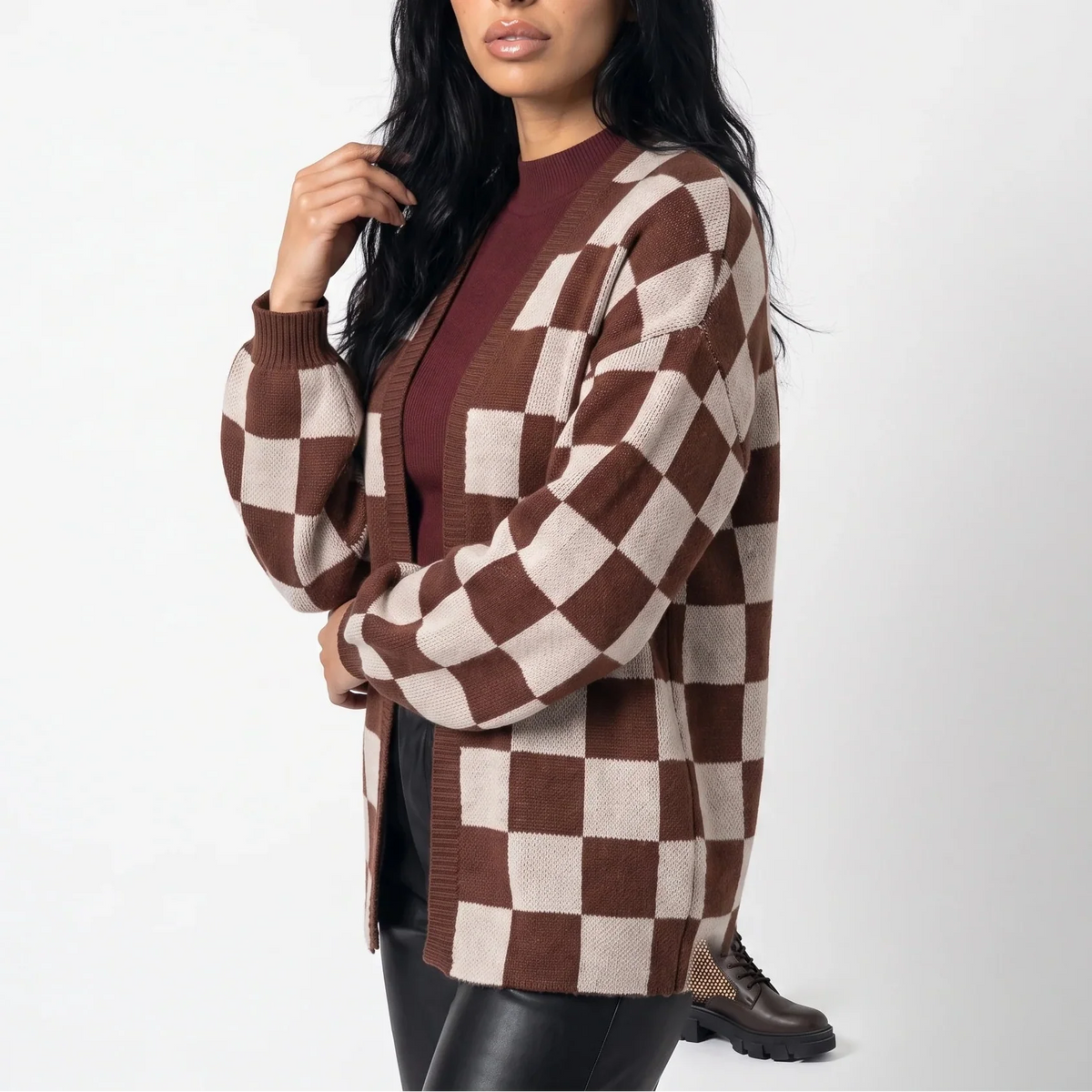 Women’s Checkerboard Knit Cardigan | Relaxed Fit Casual Sweater Jacket