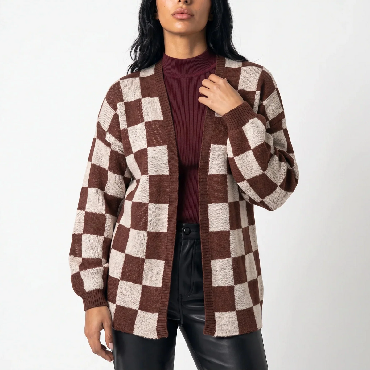 Women’s Checkerboard Knit Cardigan | Relaxed Fit Casual Sweater Jacket