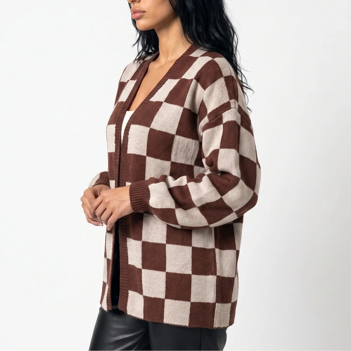 Women’s Checkerboard Knit Cardigan | Relaxed Fit Casual Sweater Jacket
