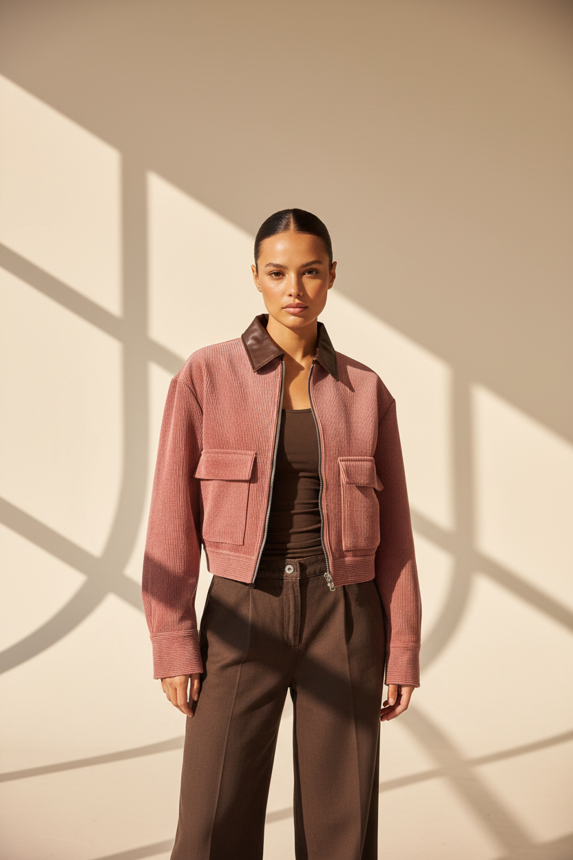 Ribbed Cropped Zip Bomber Jacket