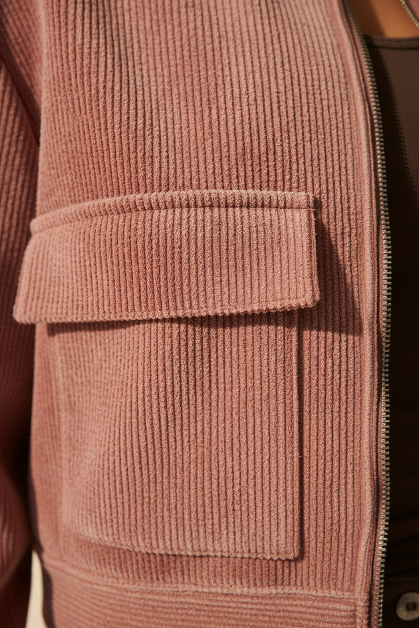 Ribbed Cropped Zip Bomber Jacket