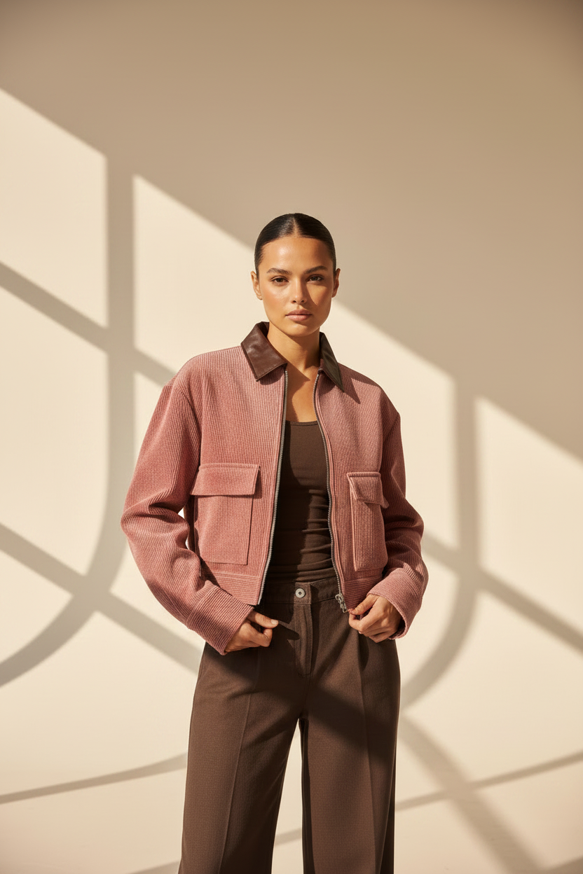 Ribbed Cropped Zip Bomber Jacket