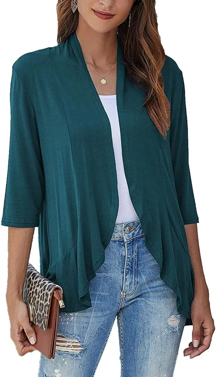 Women's Cardigan Lightweight Open Front 3/4 Sleeve Draped Cardigan