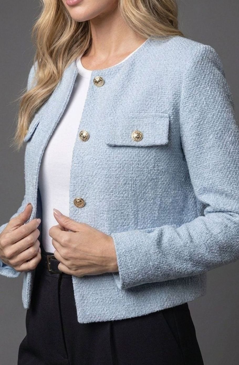 Women's Cropped Collarless Tweed Blazer Gold Button Flap Pockets