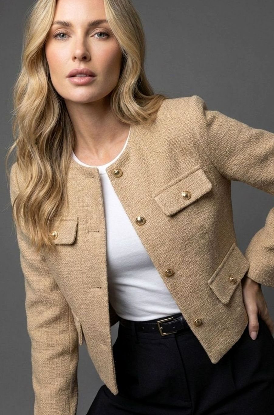 Women's Cropped Collarless Tweed Blazer Gold Button Flap Pockets