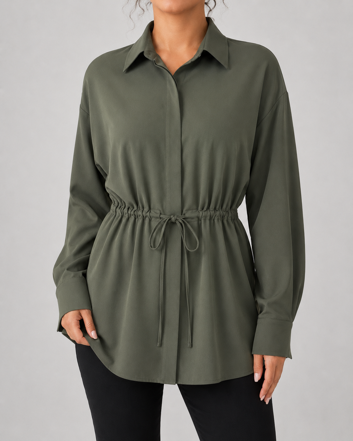 Drawstring Waist Longline Shirt Blouse
