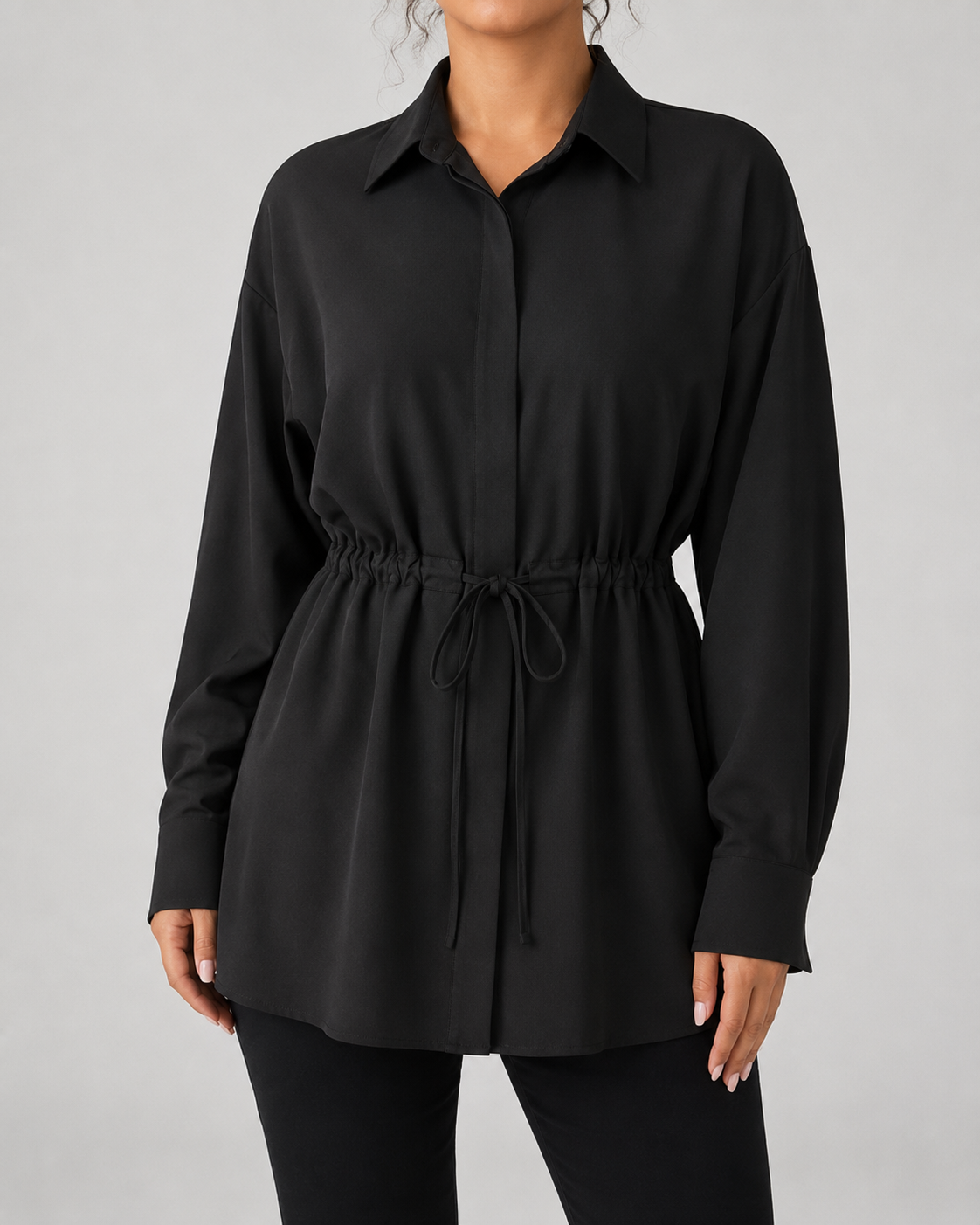 Drawstring Waist Longline Shirt Blouse