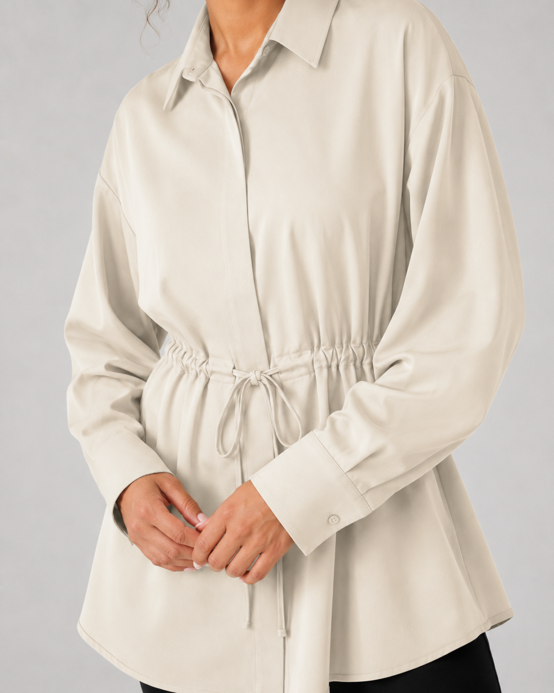 Drawstring Waist Longline Shirt Blouse