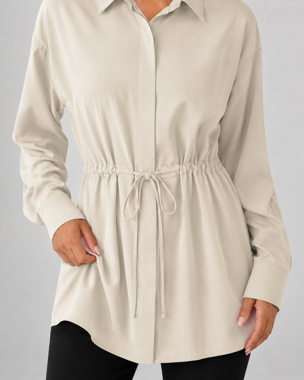 Drawstring Waist Longline Shirt Blouse