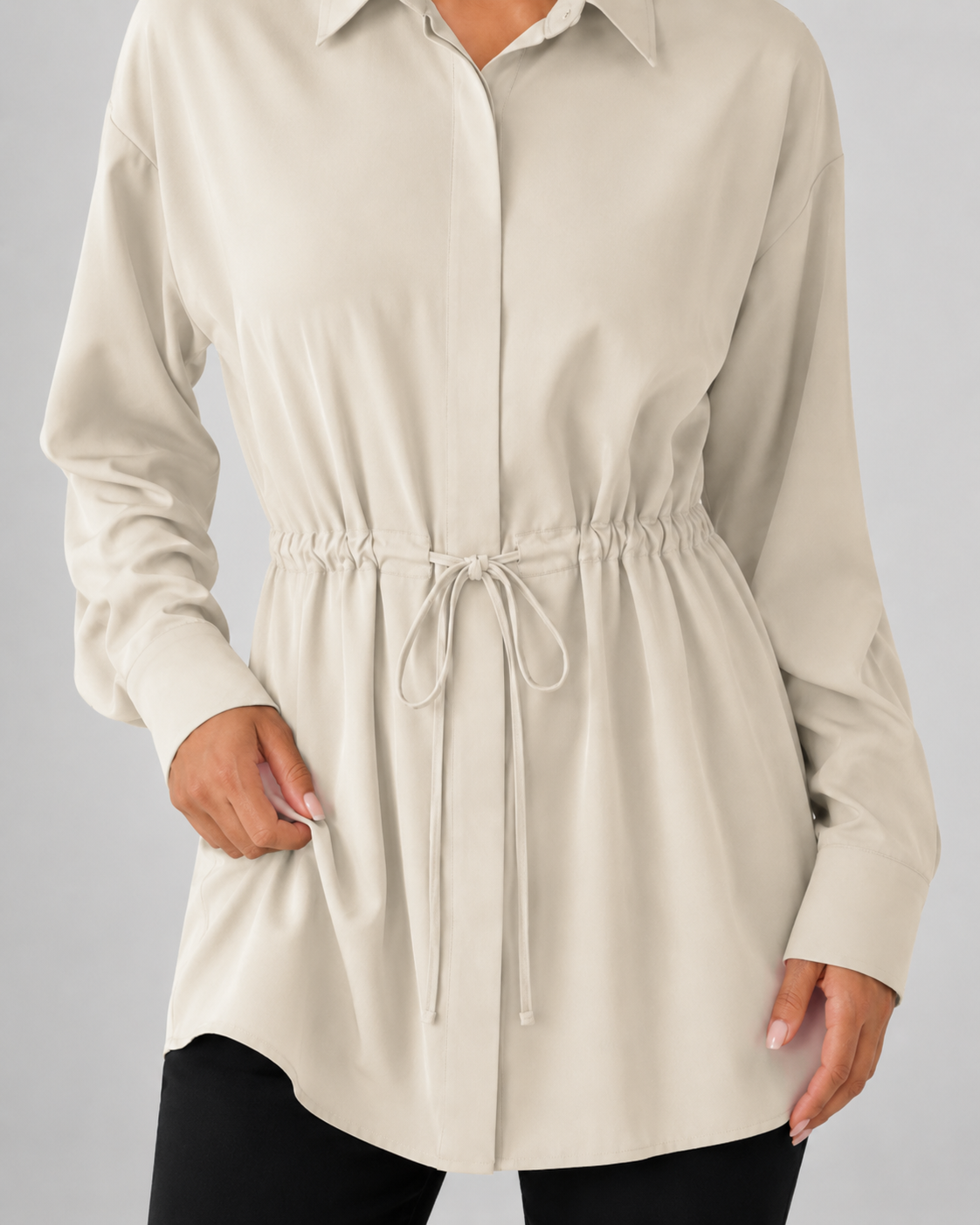 Drawstring Waist Longline Shirt Blouse