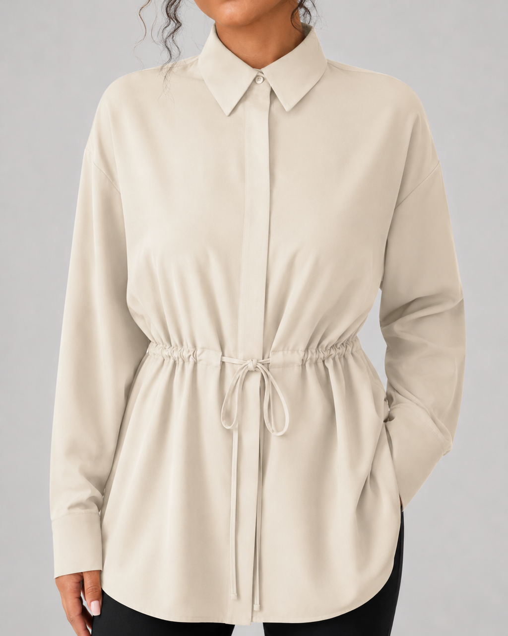 Drawstring Waist Longline Shirt Blouse