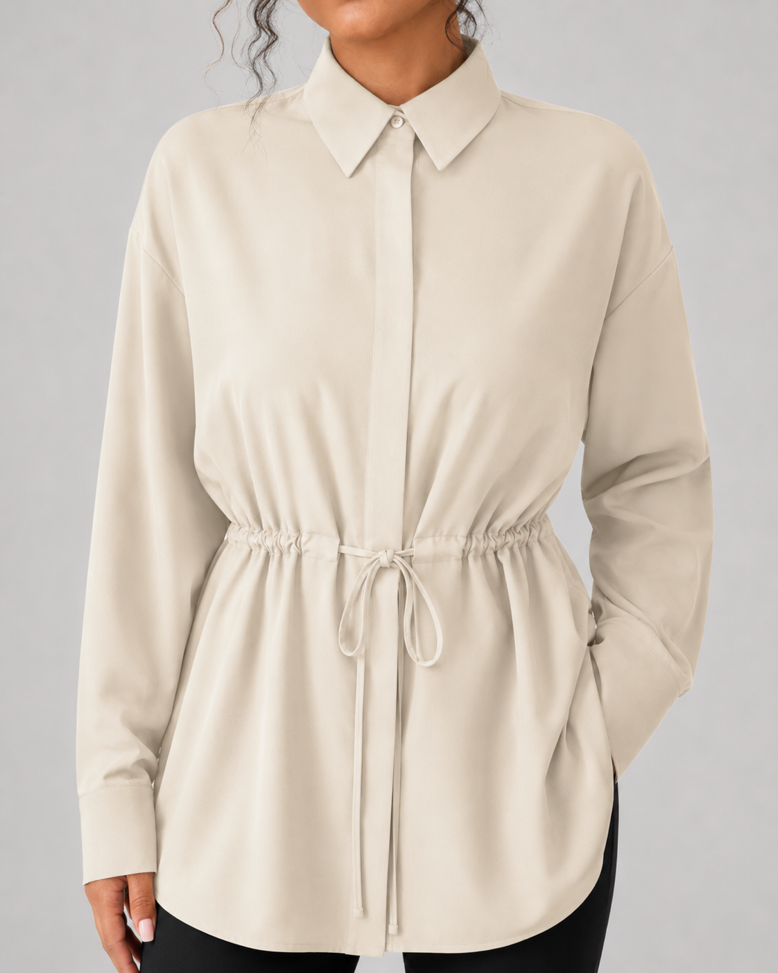 Drawstring Waist Longline Shirt Blouse